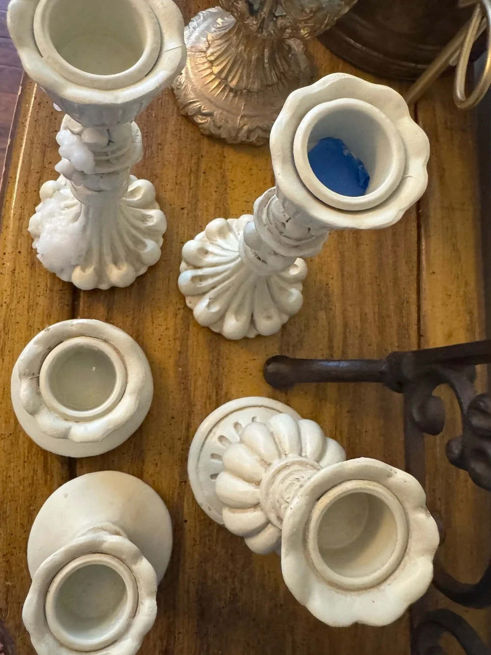 5 Shabby Chic Cream Resin Candlestick Holders French Country Set 1990s Vignette